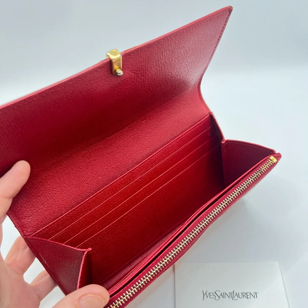Authentic YSL Yves Saint Laurent Red Leather Classic Y-Ligne Wallet W/ Care Card